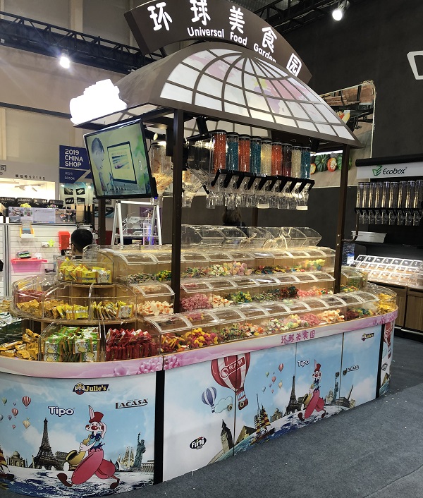 Ecobox Supermarkt-Snack-Nuss-Süßigkeiten-Trolley-Ausstellungsregal mit Schwerkraftbehältern und Großbehältern
